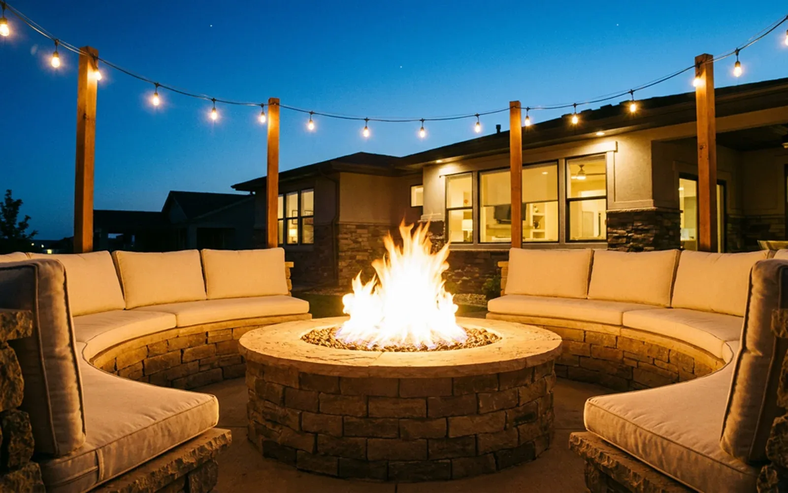 Family gathered on a finished backyard patio
