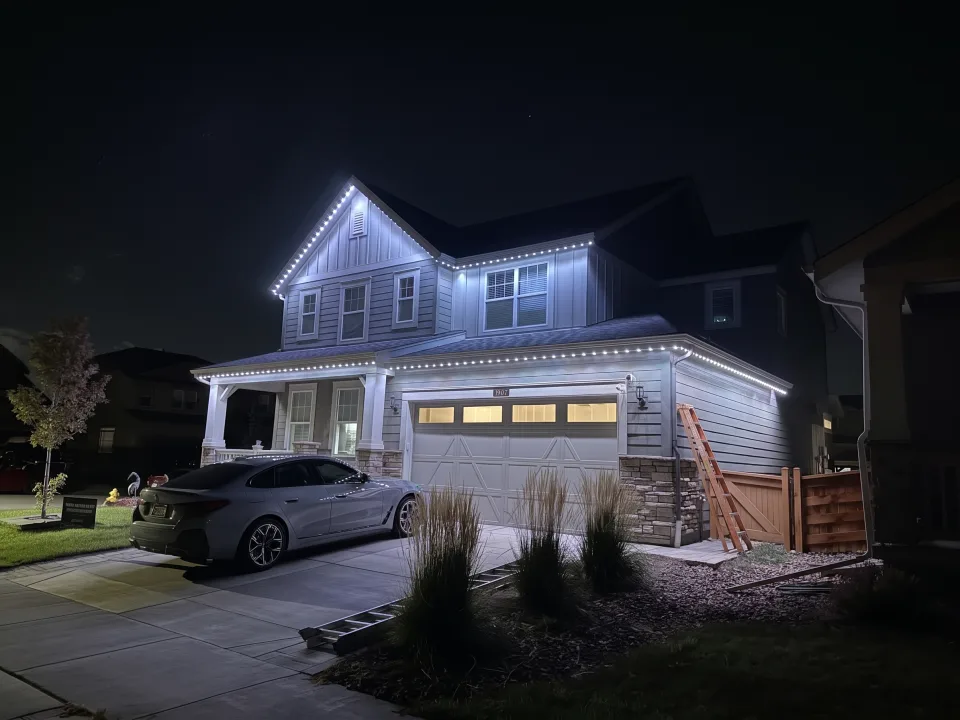 The same home lit at full brightness for nighttime visibility