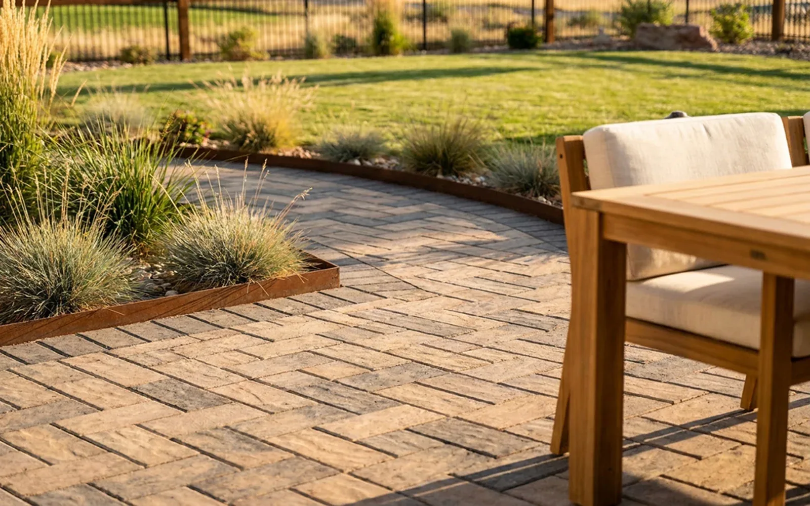 Paver patio with seating area in a finished backyard