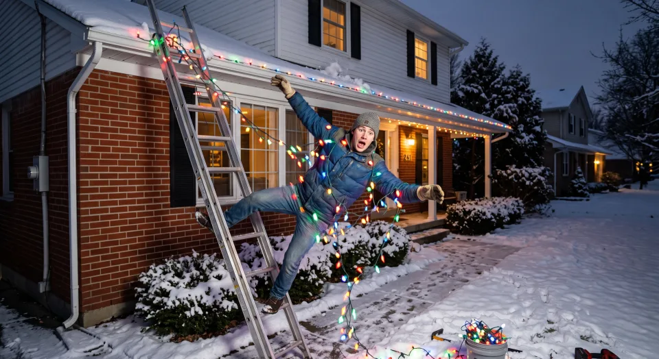 Two-story home lit with warm white permanent outdoor lighting on a winter evening