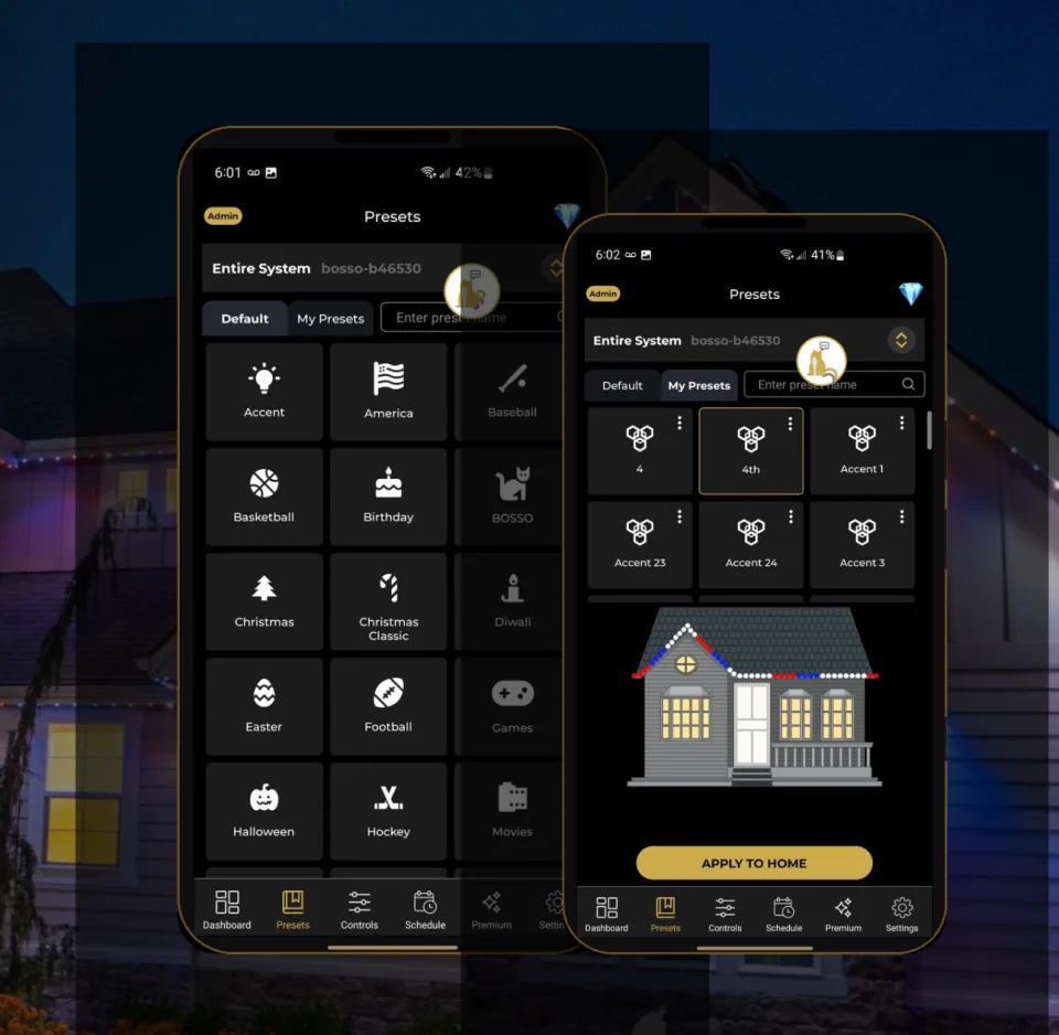 Smart permanent lighting system running a custom color scene on a home exterior