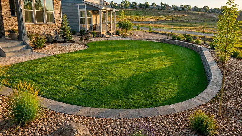Artificial turf lawn in a residential backyard