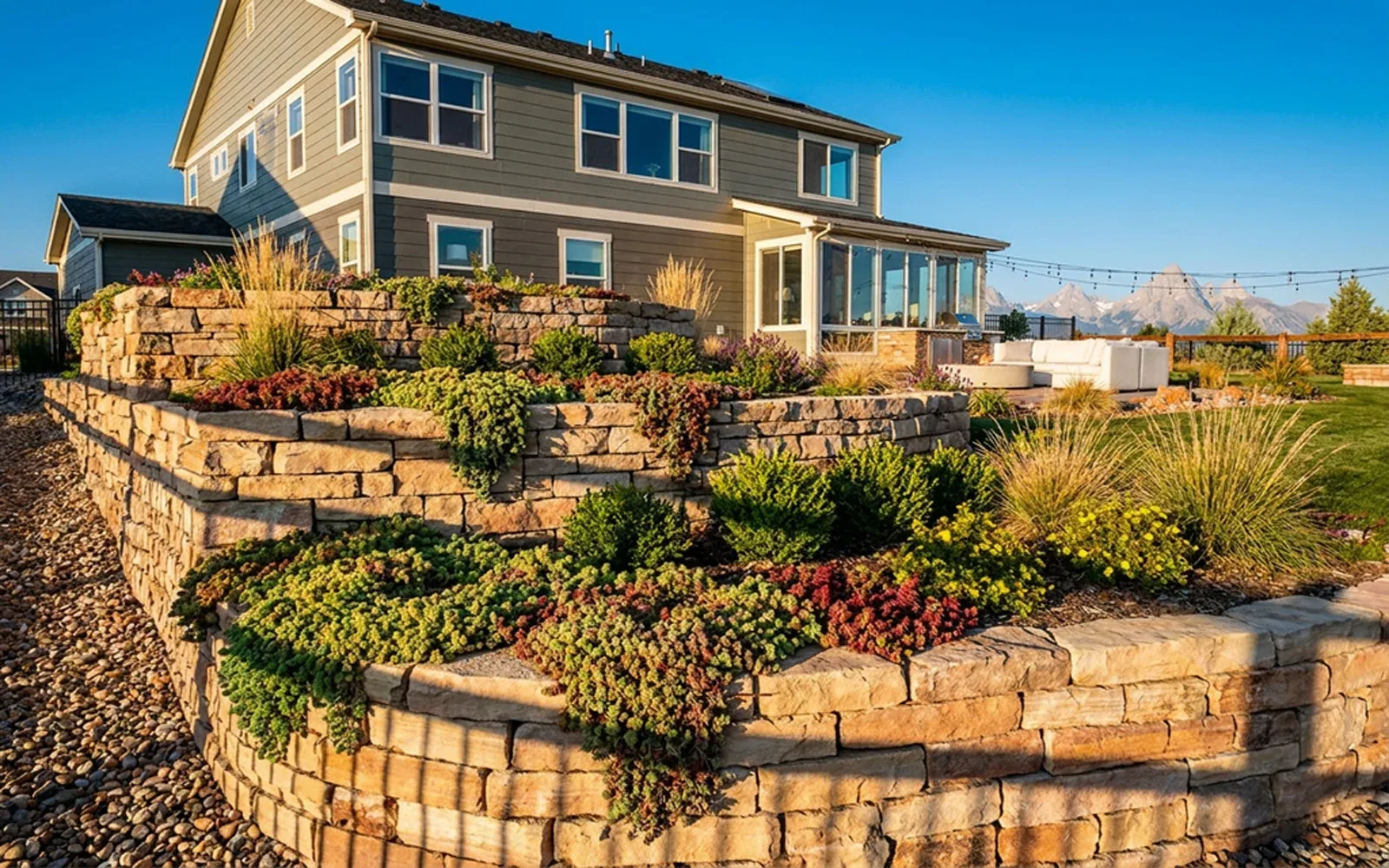 Block retaining wall terracing a sloped yard
